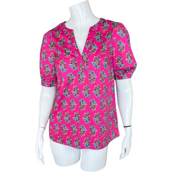J. Crew Factory Printed Short Sleeve V-Neck Poplin Top Size XS Pink Floral - Picture 1 of 14